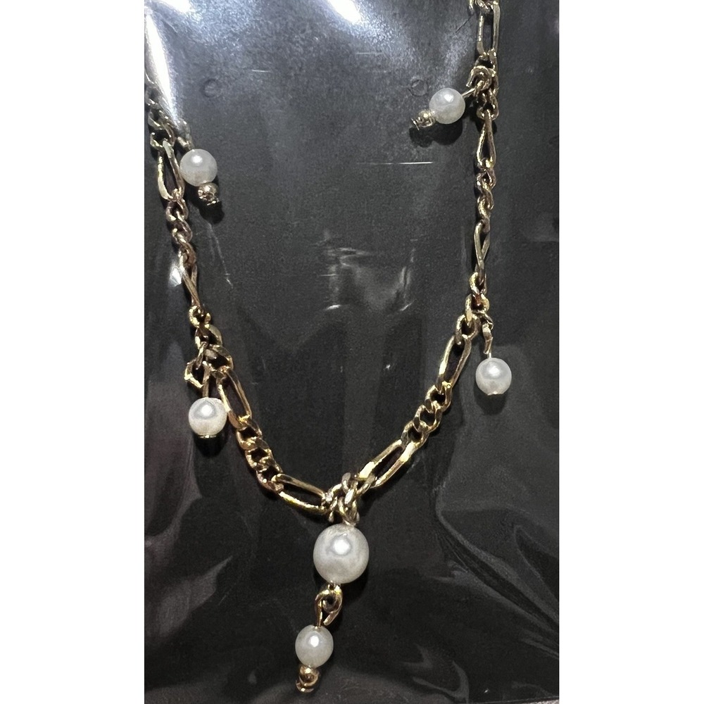 Gold Tone Pearl Choker 16" Long Chain Necklace Fashion